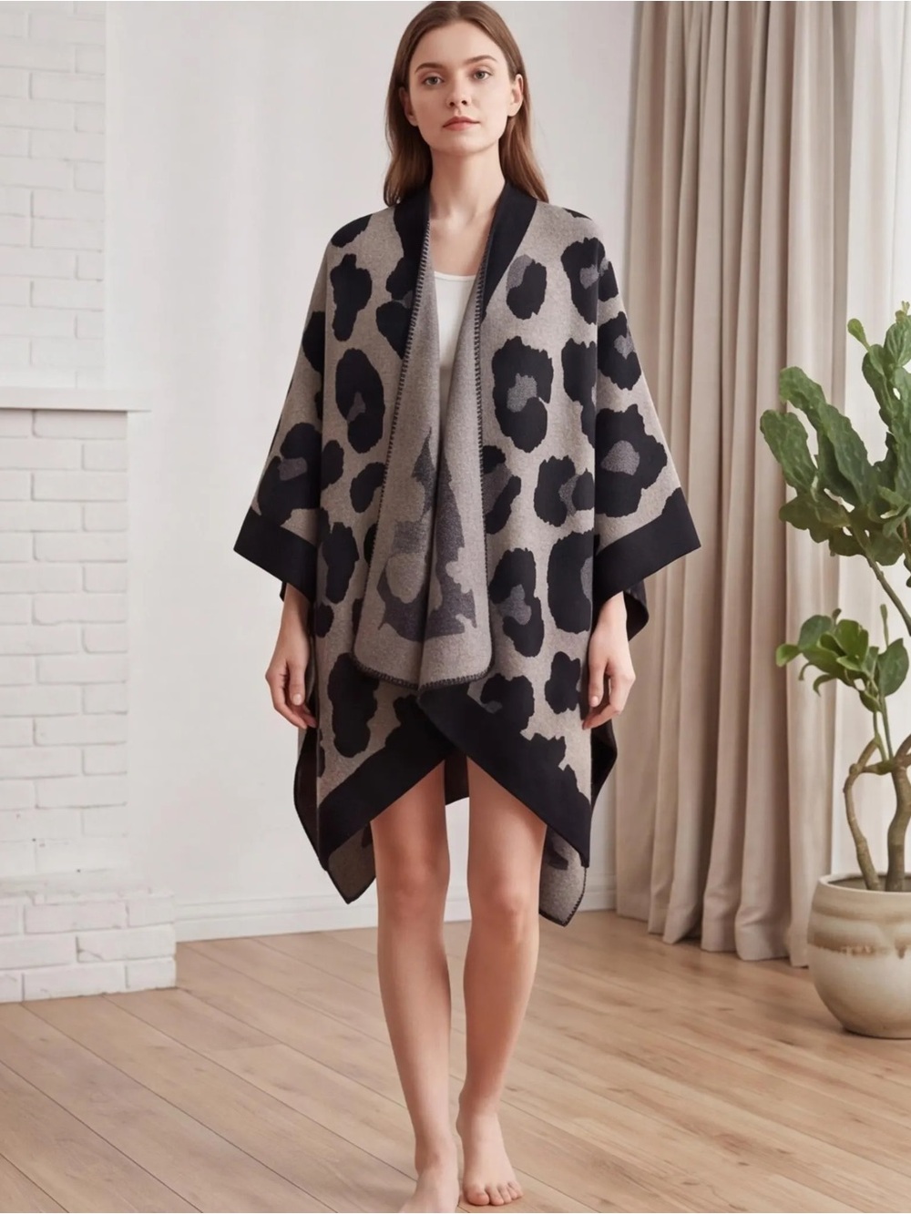 NWT Open-Front Leopard Print Poncho Blanket Wrap
in Gray & Black
